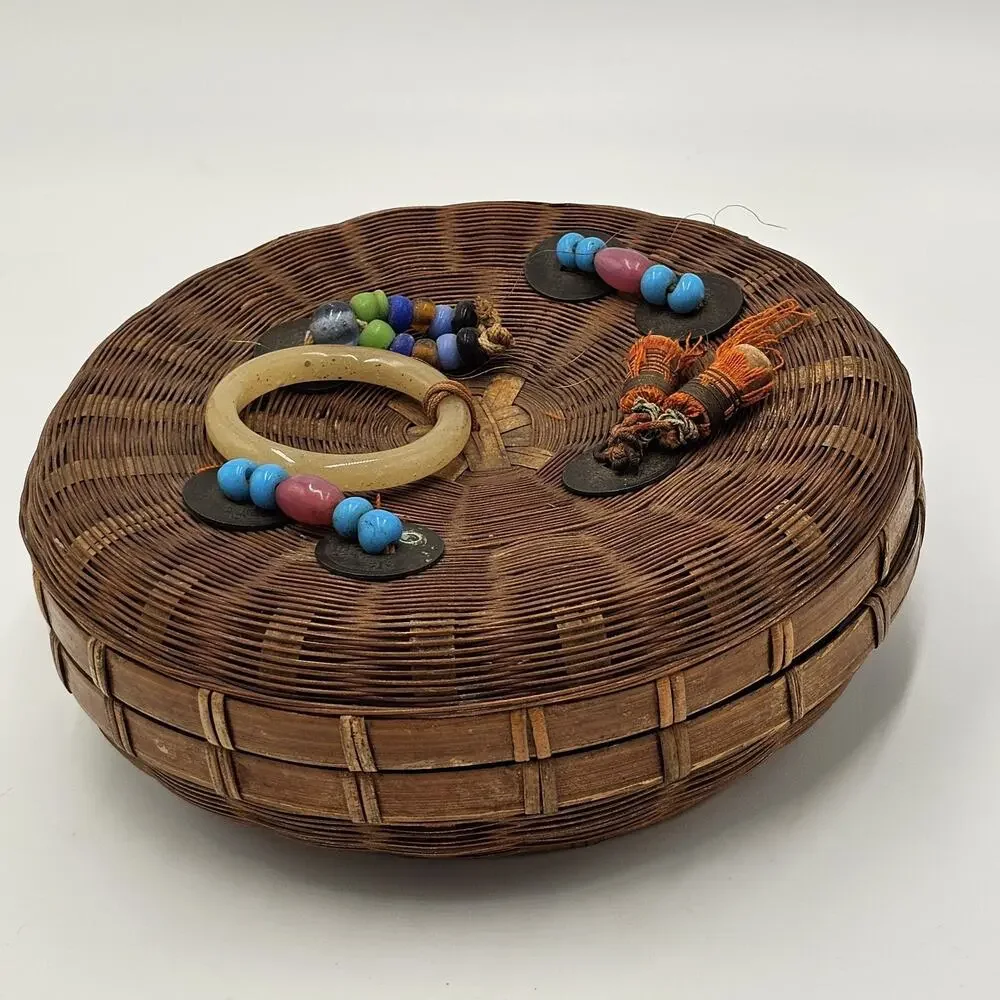 VTG 1950s Chinese Wicker Bamboo Sewing Basket w Colorful Beads Jadeite Tassels